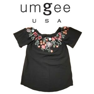 UMGEE black floral embroidered wide stretch neckline shift dress size medium